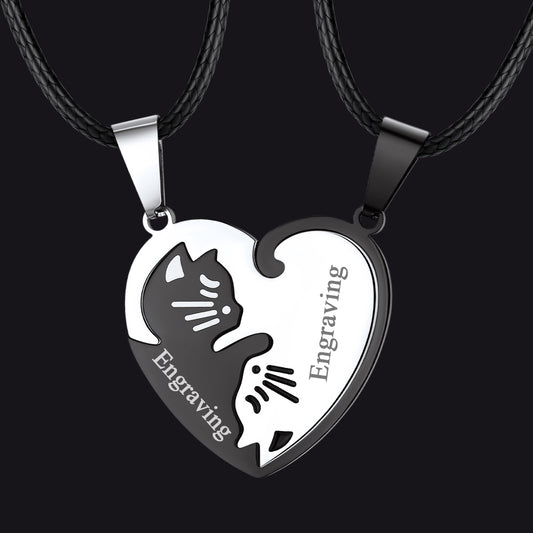Cat Matching Puzzle Necklace for Couples Bff Heart Pendantimg