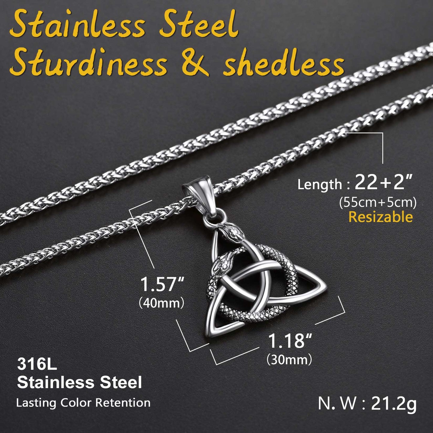Stainless steel Ouroboros Celtic knot pendant necklace, dimensions and features