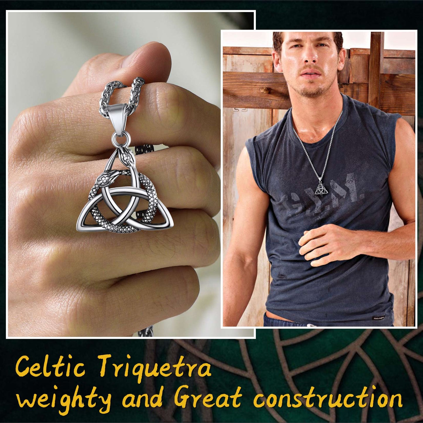 Ouroboros Celtic trinity knot snake pendant necklace for men