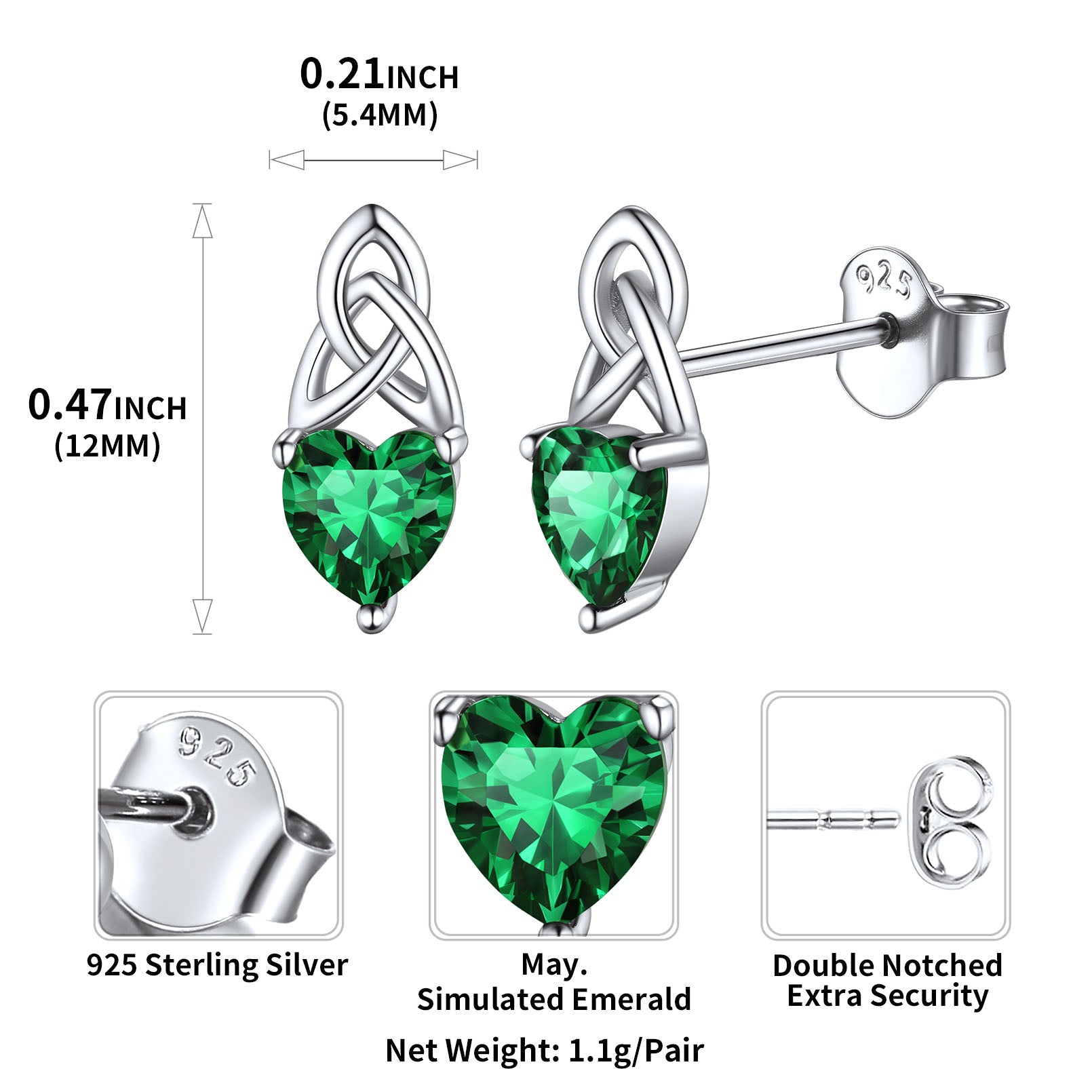 Sterling Silver Irish Celtic Trinity Knot Birthstone Stud Earrings for Women