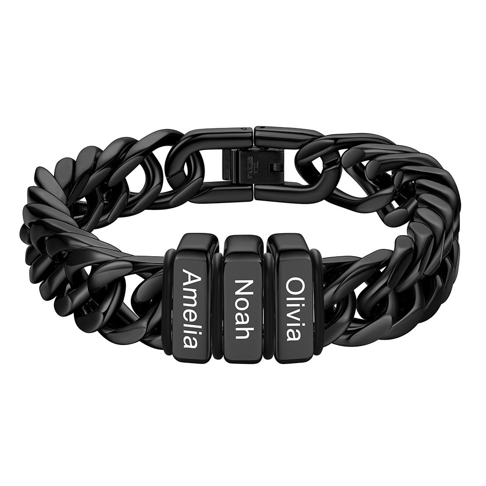 Chain bracelet with 3 name Beads 12mm Black Plated