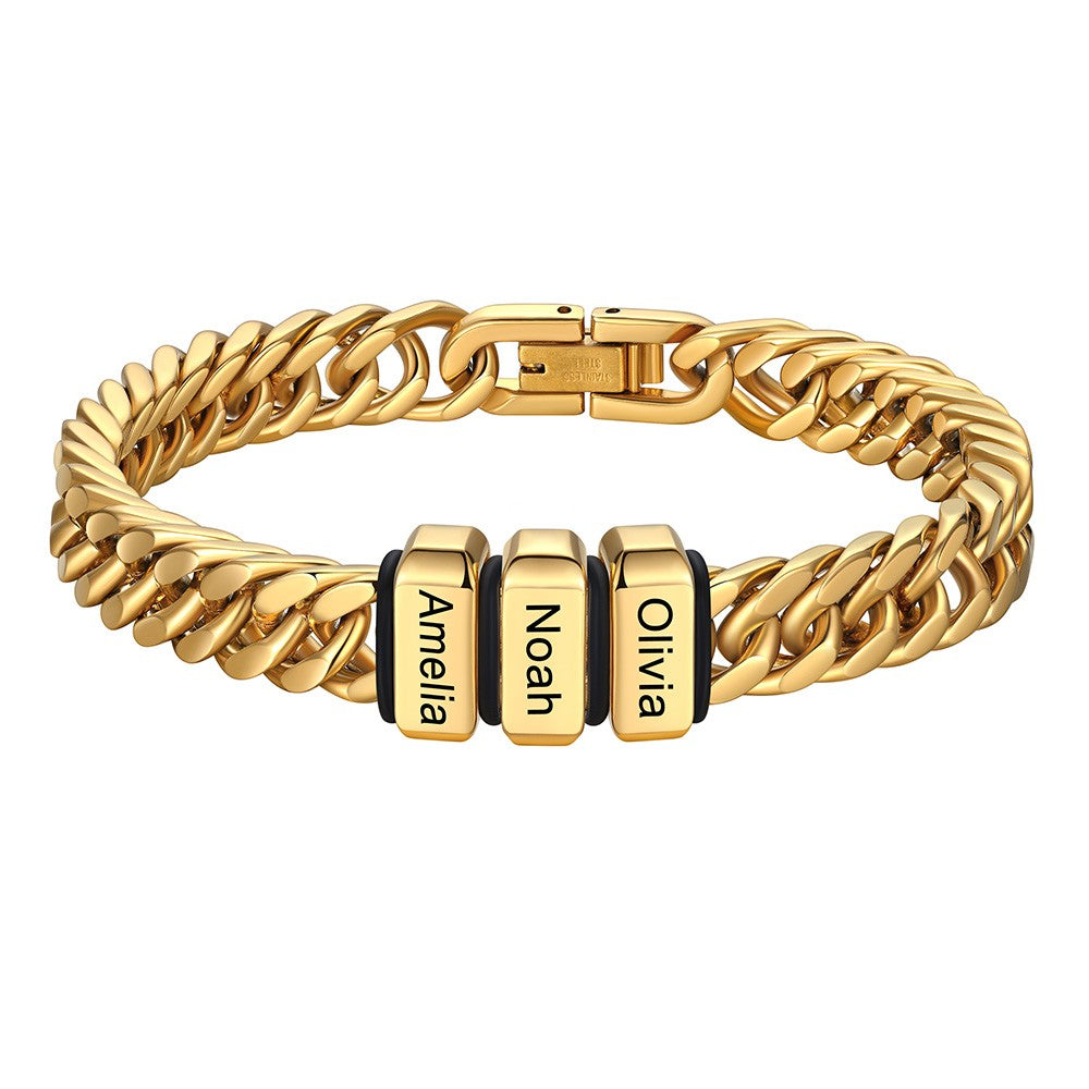 Chain bracelet with 3 name Beads 8mm Gold Plated