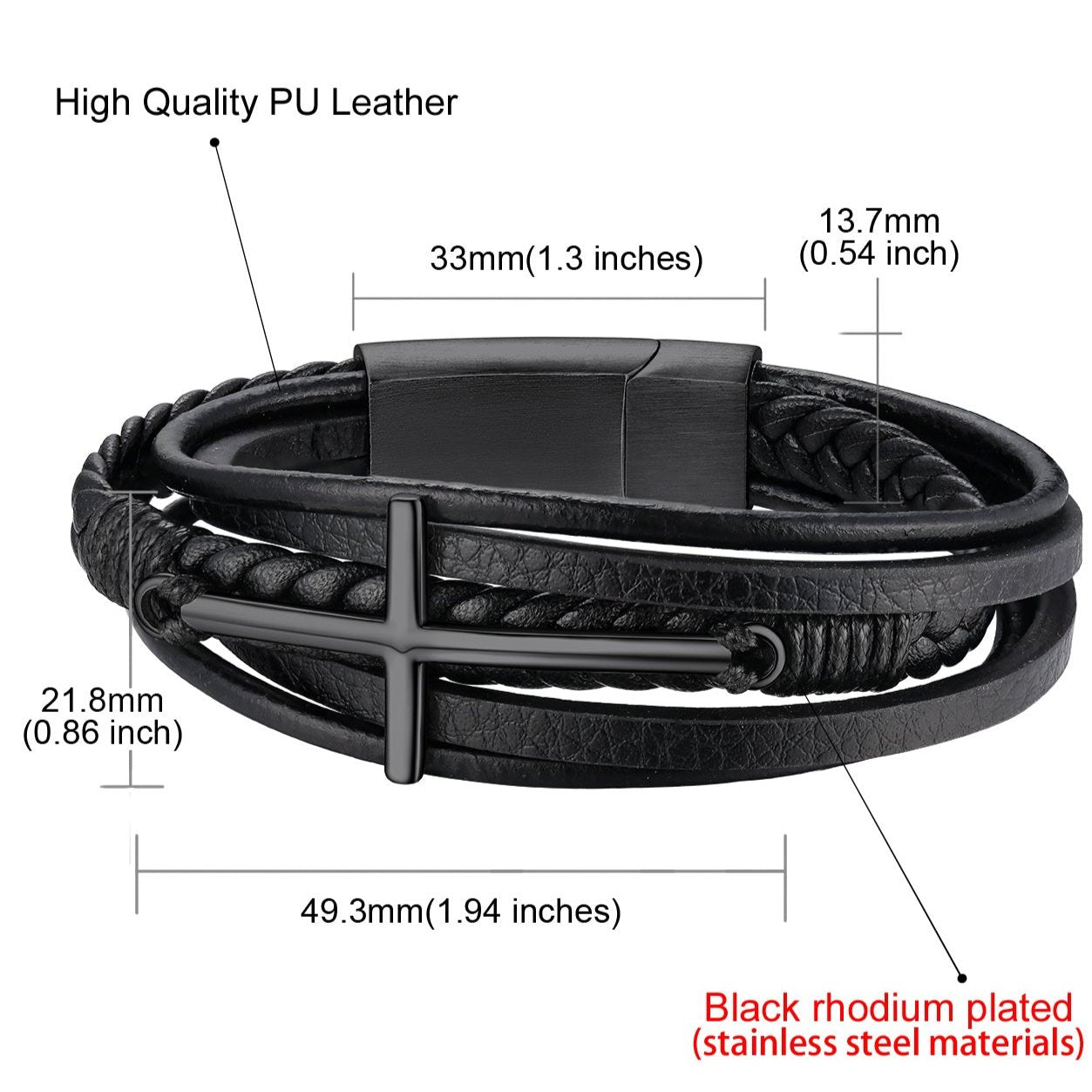 Black Christian Cross Braided Leather Bracelet for Men
