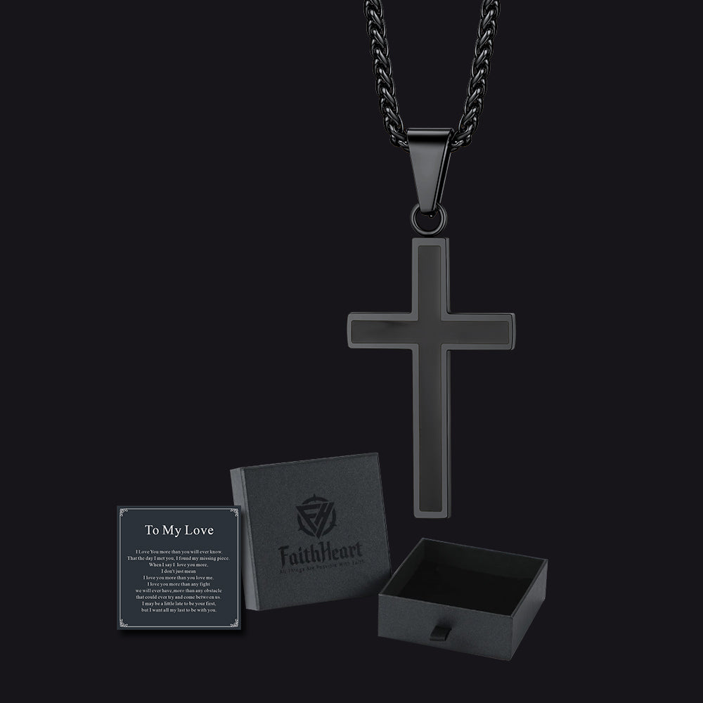 Men's Black Enamel Cross Necklace with Gift Box & Love Card