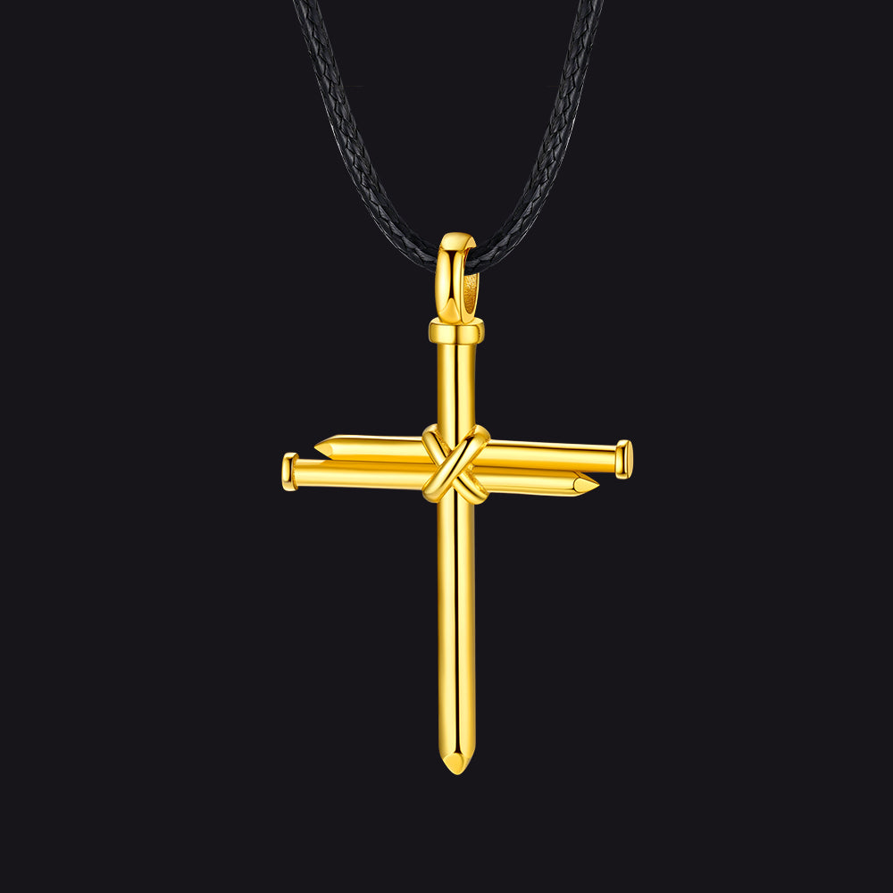 Gold Christian Nail Cross Pendant Braided Leather Necklace