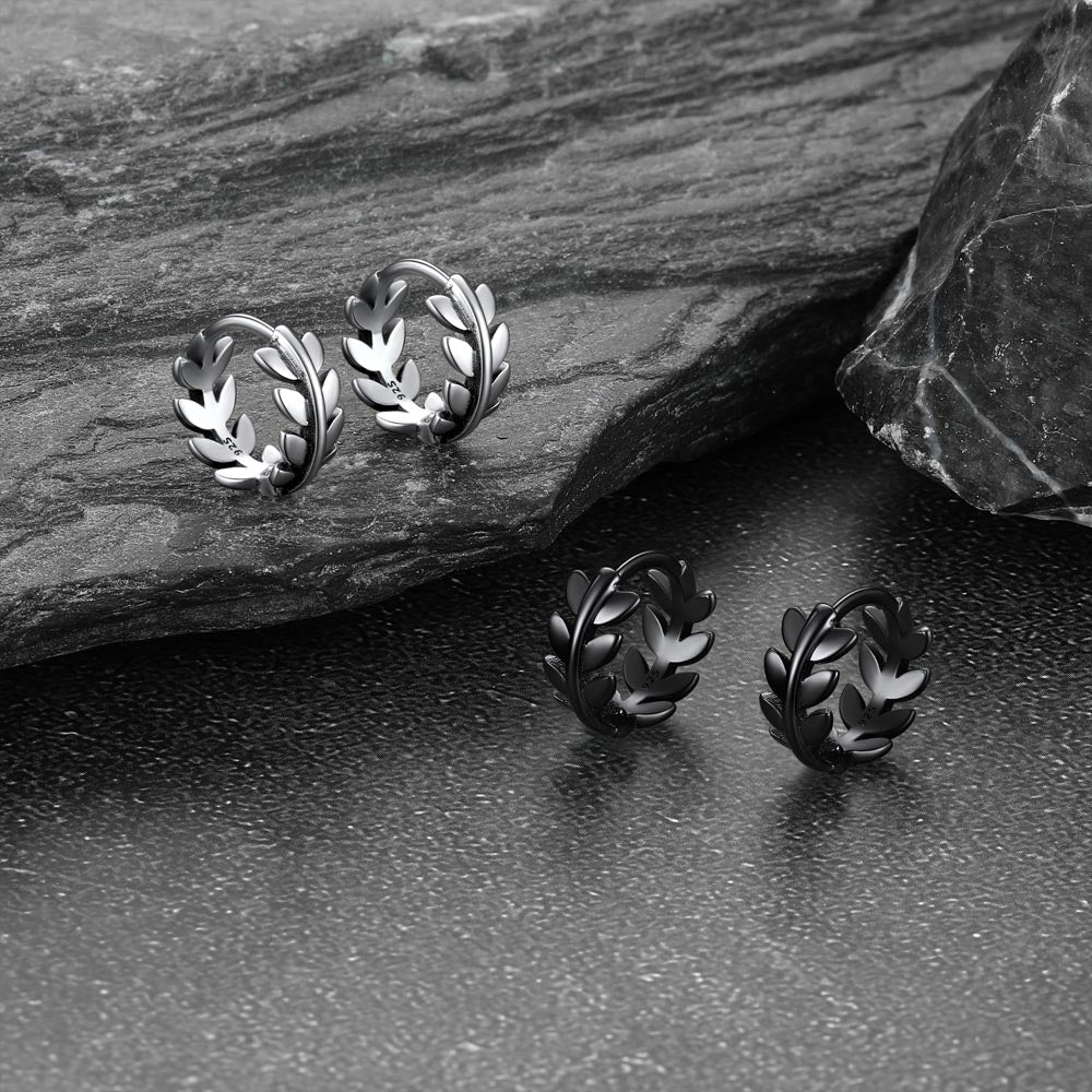 925 Sterling Silver Small Chunky Hoop Leaf Earrings for Men Women