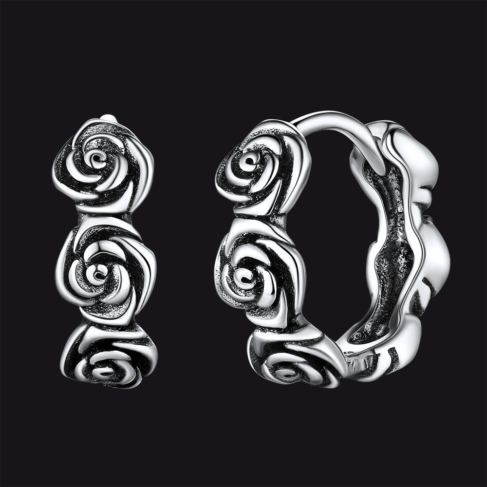 Chunky rose hoop huggie earrings in sterling silver