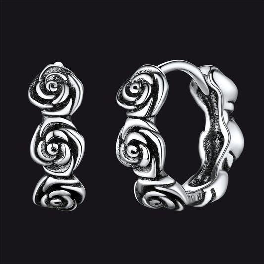 Chunky rose hoop huggie earrings in sterling silverimg