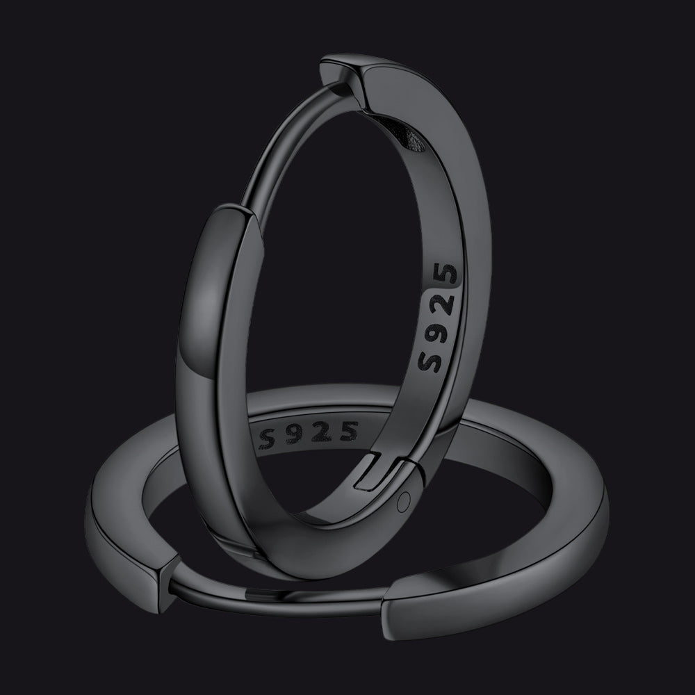 12mm Black Sterling Silver Huggie Earrings Unisex