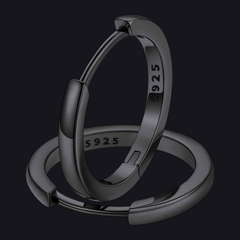 14mm Black Sterling Silver Hoop Earrings For Men Women