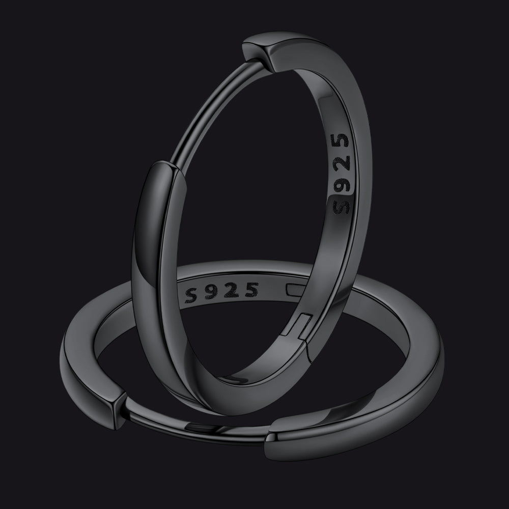 16mm Black Sterling Silver Huggie Hoops Unisex
