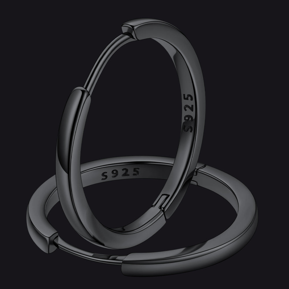 18mm Black Sterling Silver Hoop Earrings For Men Women