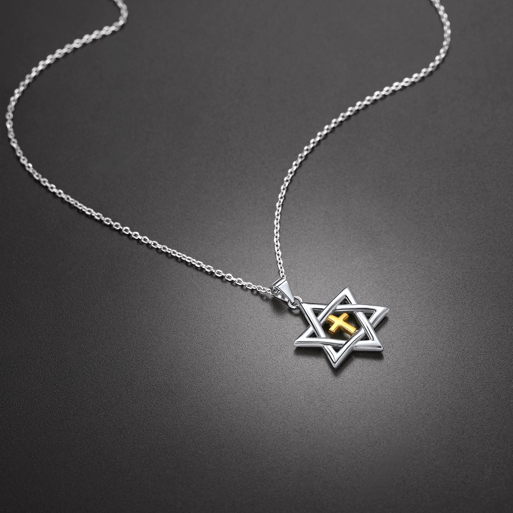 Sterling silver Star of David necklace with gold cross pendant