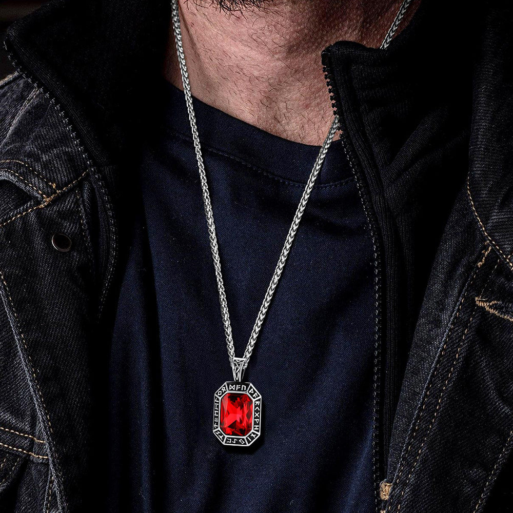 Runes gemstone dog tag pendant necklace for men with red ruby