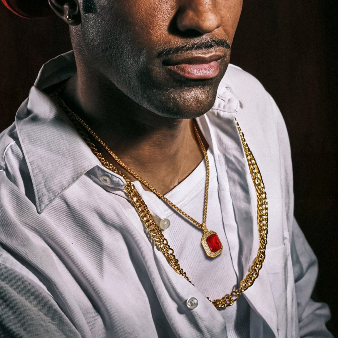 Man wearing Red Ruby Cubic Zirconia Dog Tag Necklace