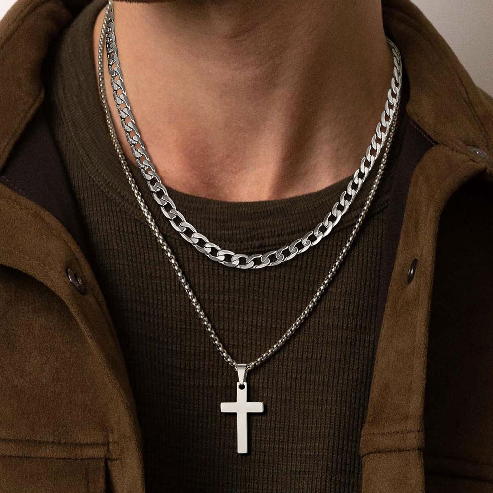Man Wearing 20 Inch Silver Cross Necklace Set