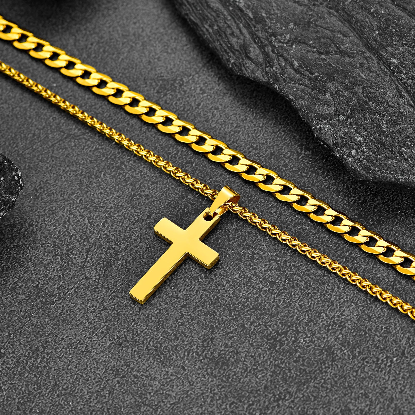 Gold Cuban Chain & Cross Pendant Necklace Set