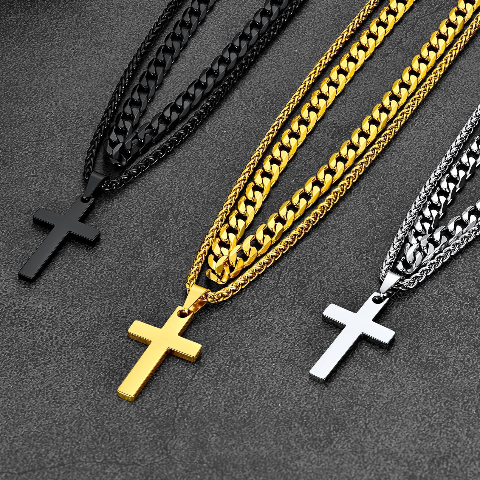 Silver Gold Black Cuban Chain Cross Necklace