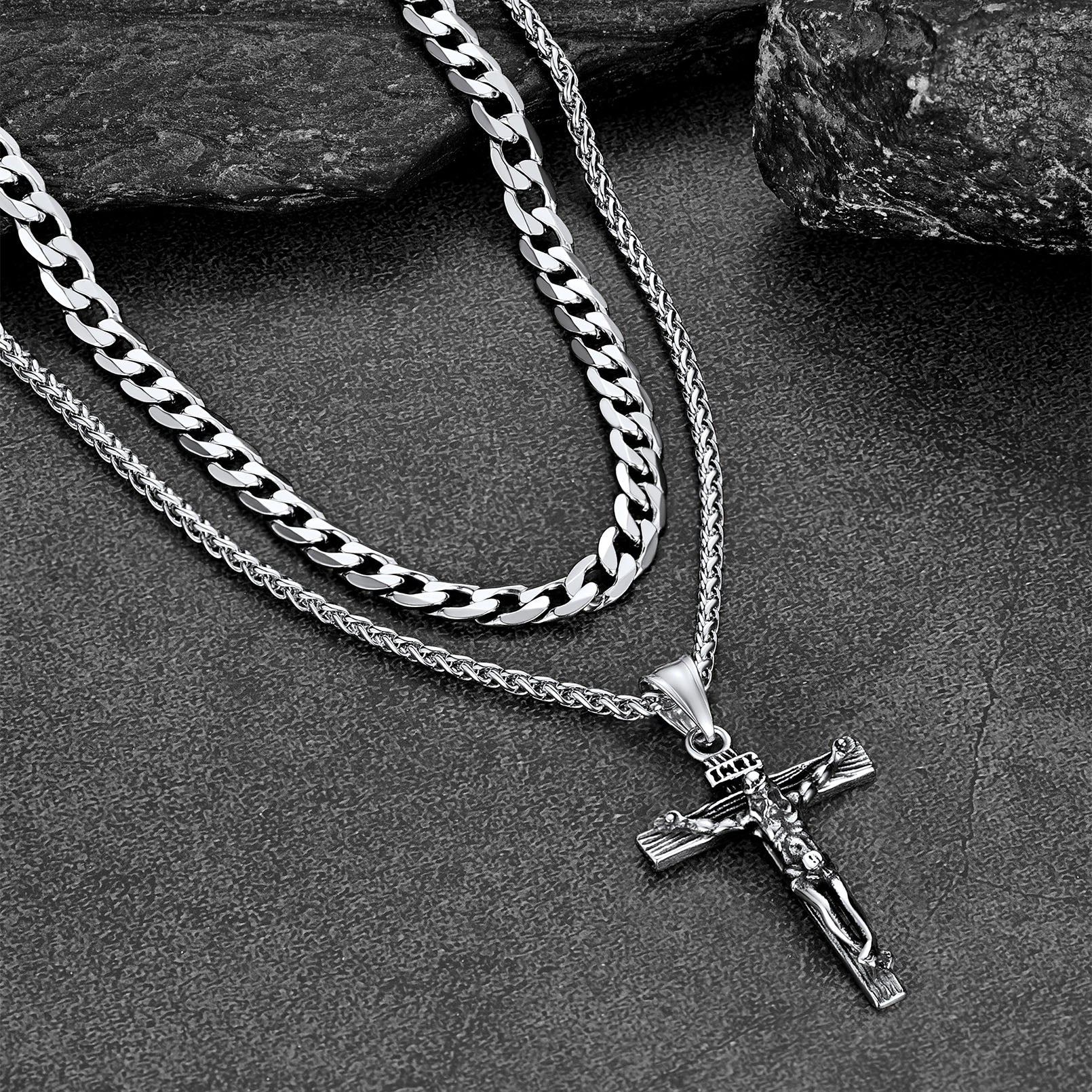 Cuban Chain & Jesus Cross Layered Necklace Set