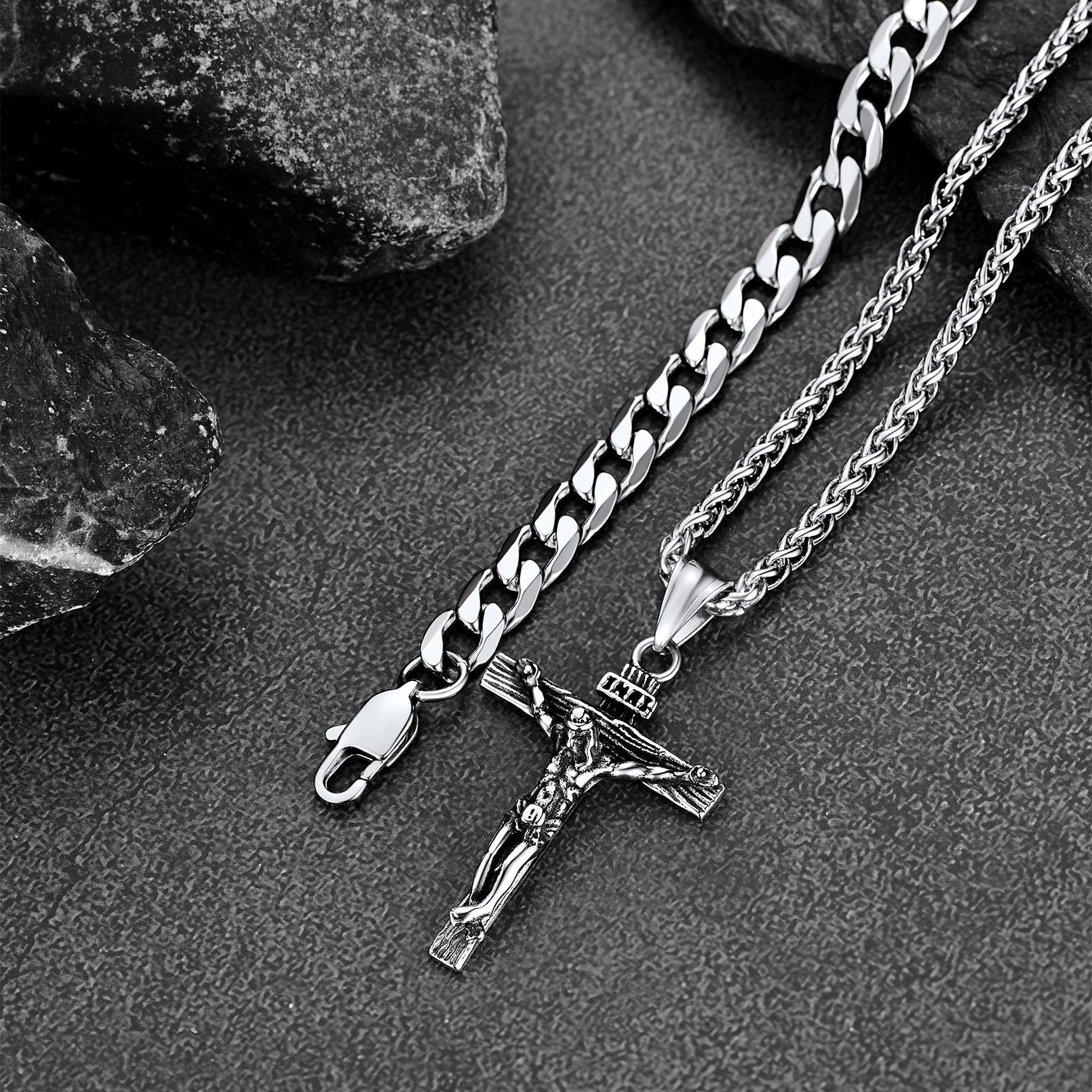 Cuban Chain & Jesus Cross Layered Necklace Set