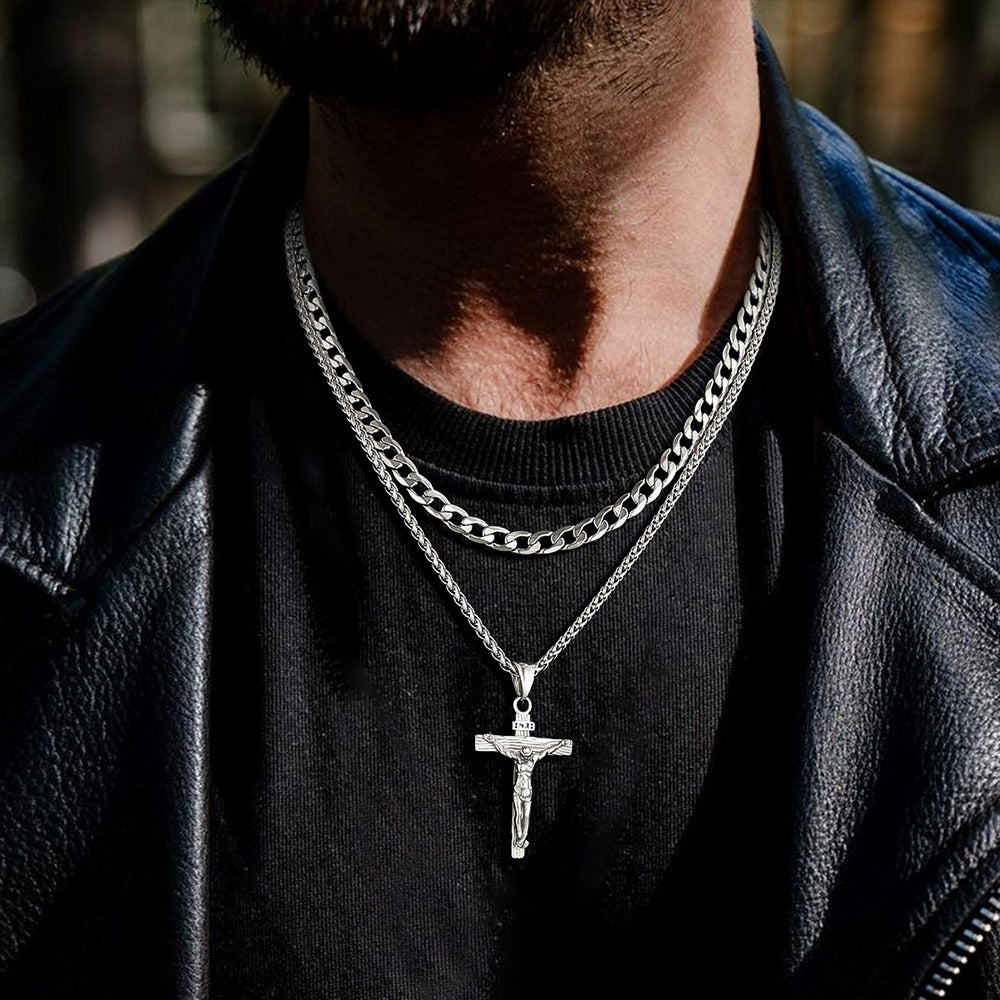 Man Wearing 20-Inch Silver Jesus Cross Necklace