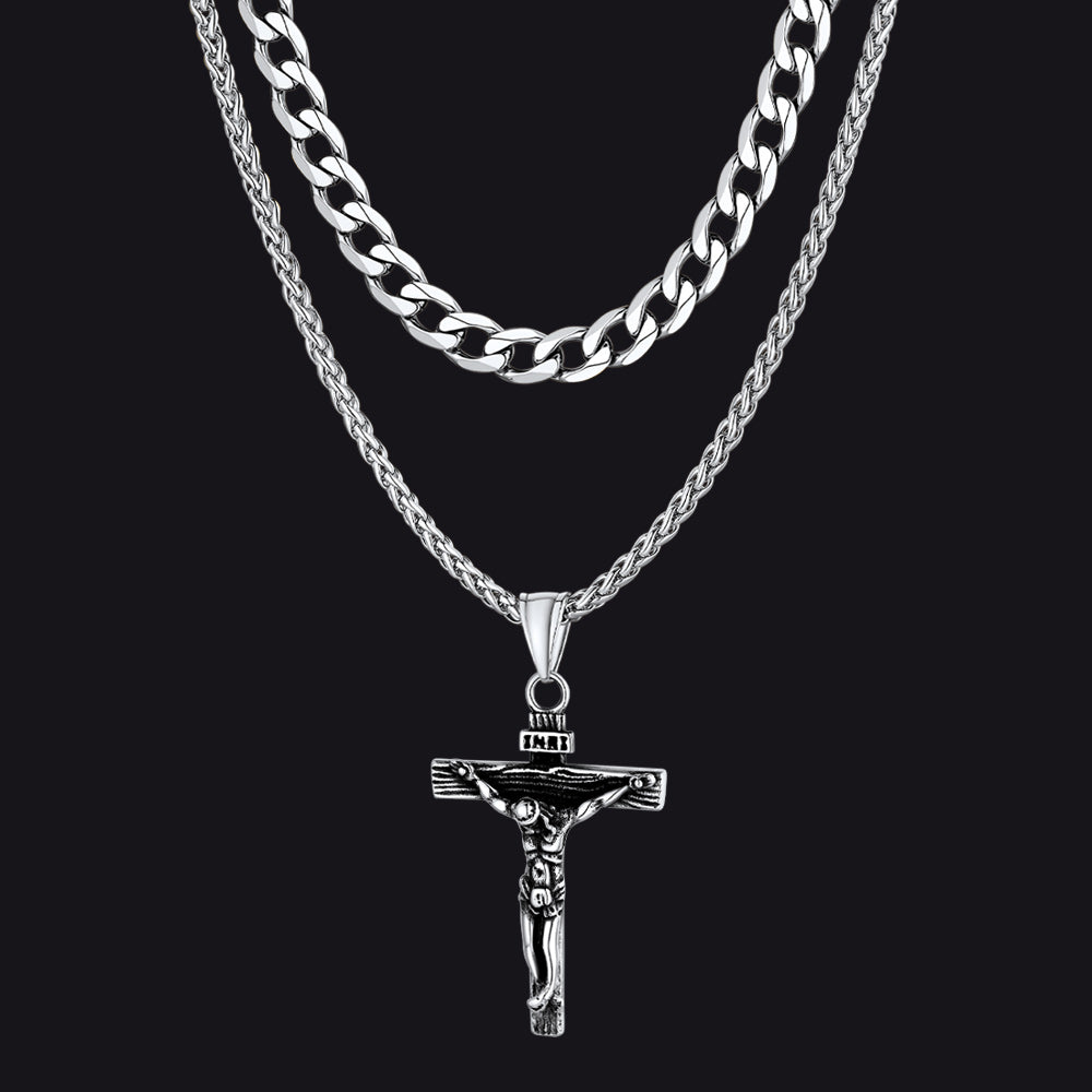 Silver Cuban Chain Jesus Cross Necklace Set