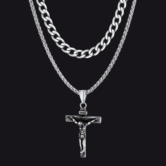 Silver Cuban Chain Jesus Cross Necklace Setimg