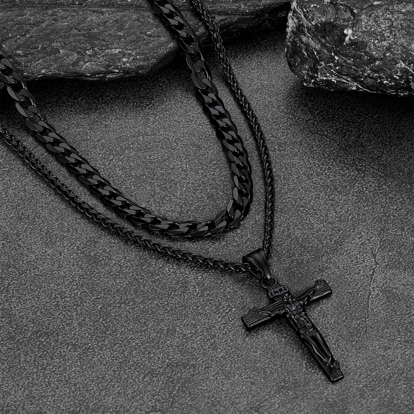 Cuban Chain & Jesus Cross Layered Necklace Set