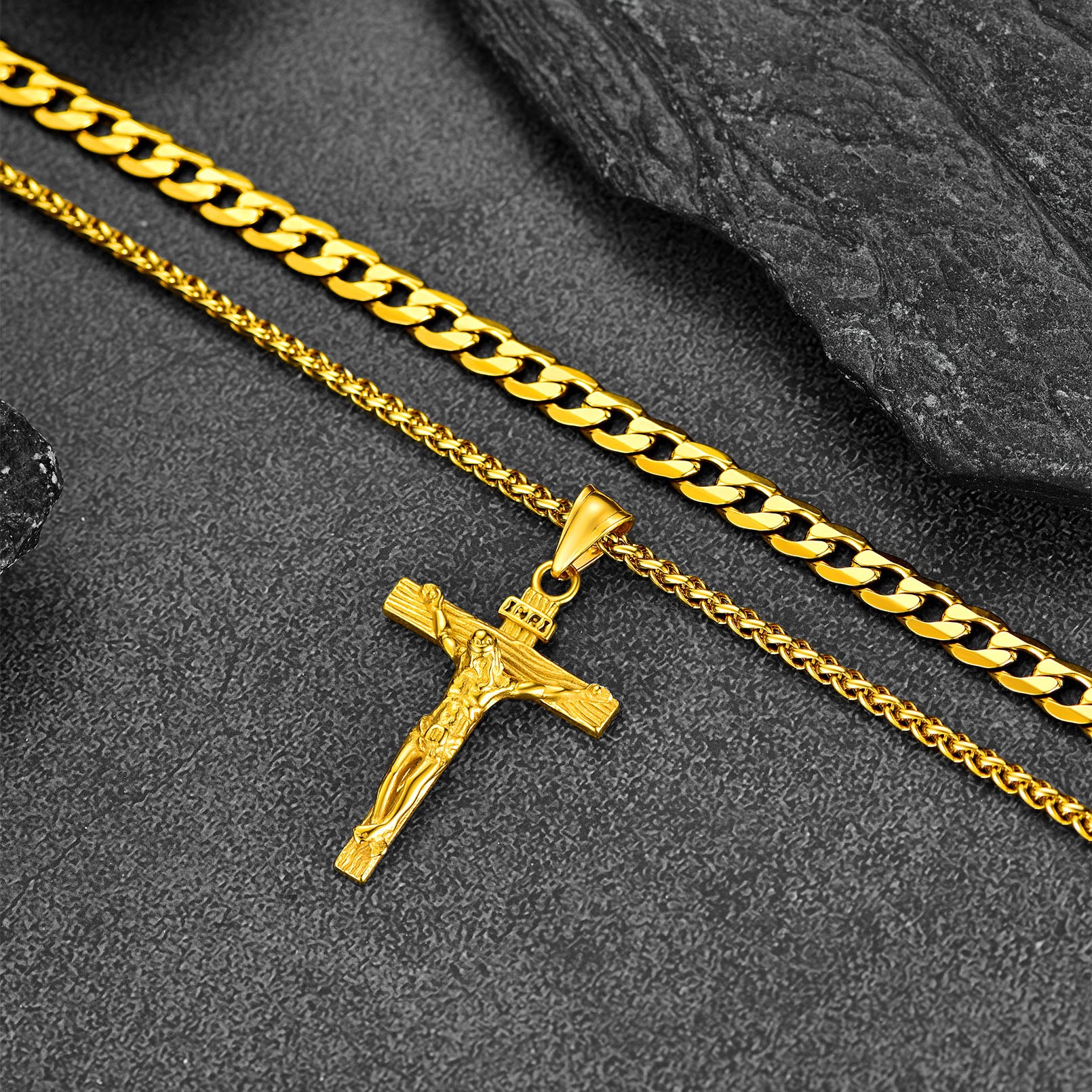 Cuban Chain & Jesus Cross Layered Necklace Set