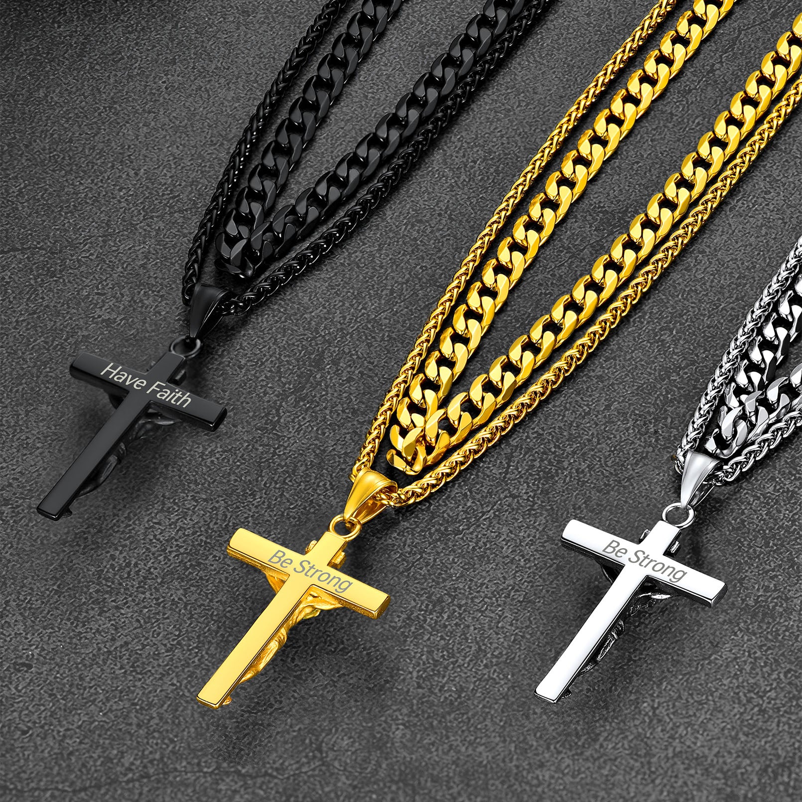 Custm Silver Gold Black Jesus Cross Necklace Set Display