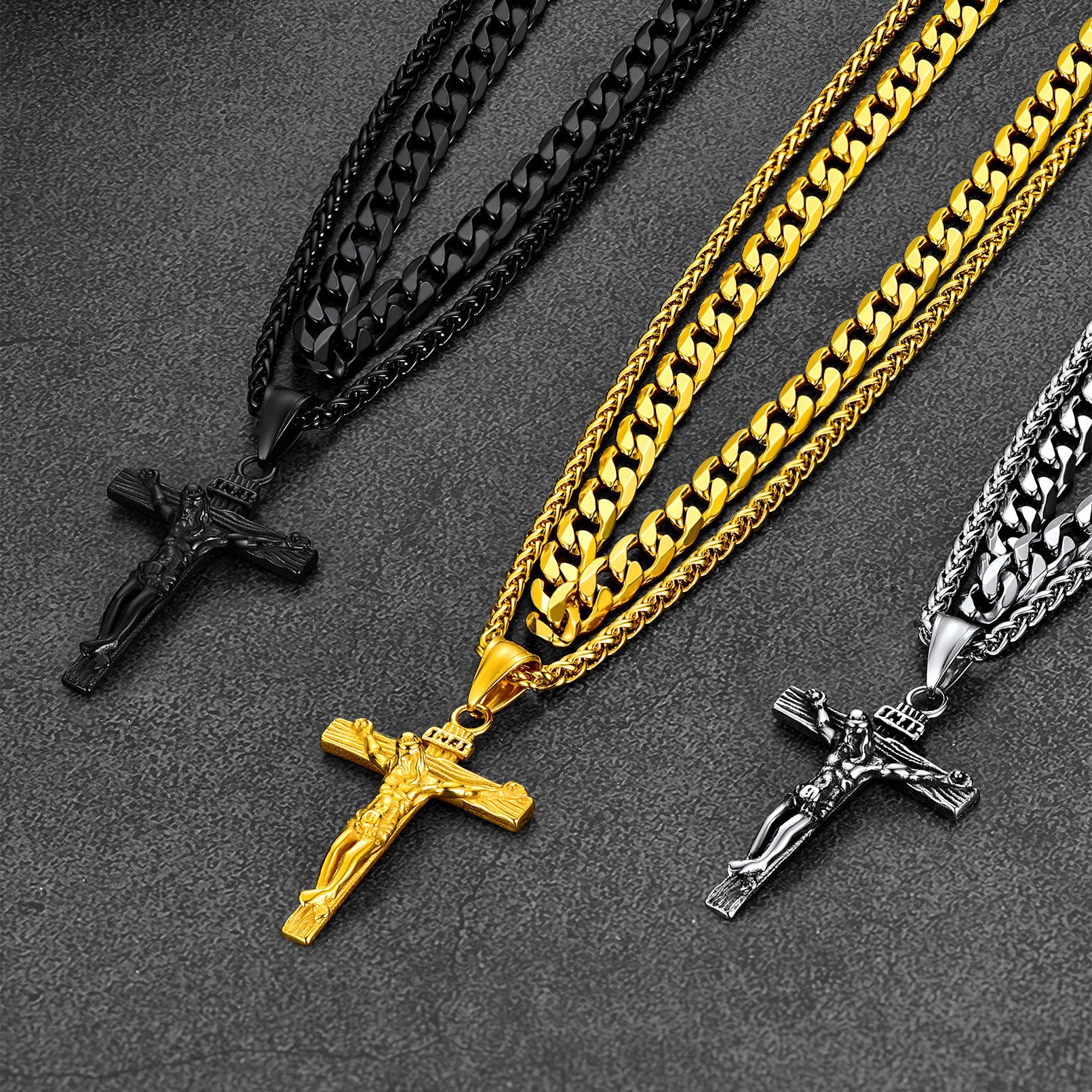 Silver Gold Black Jesus Cross Necklace Set Display