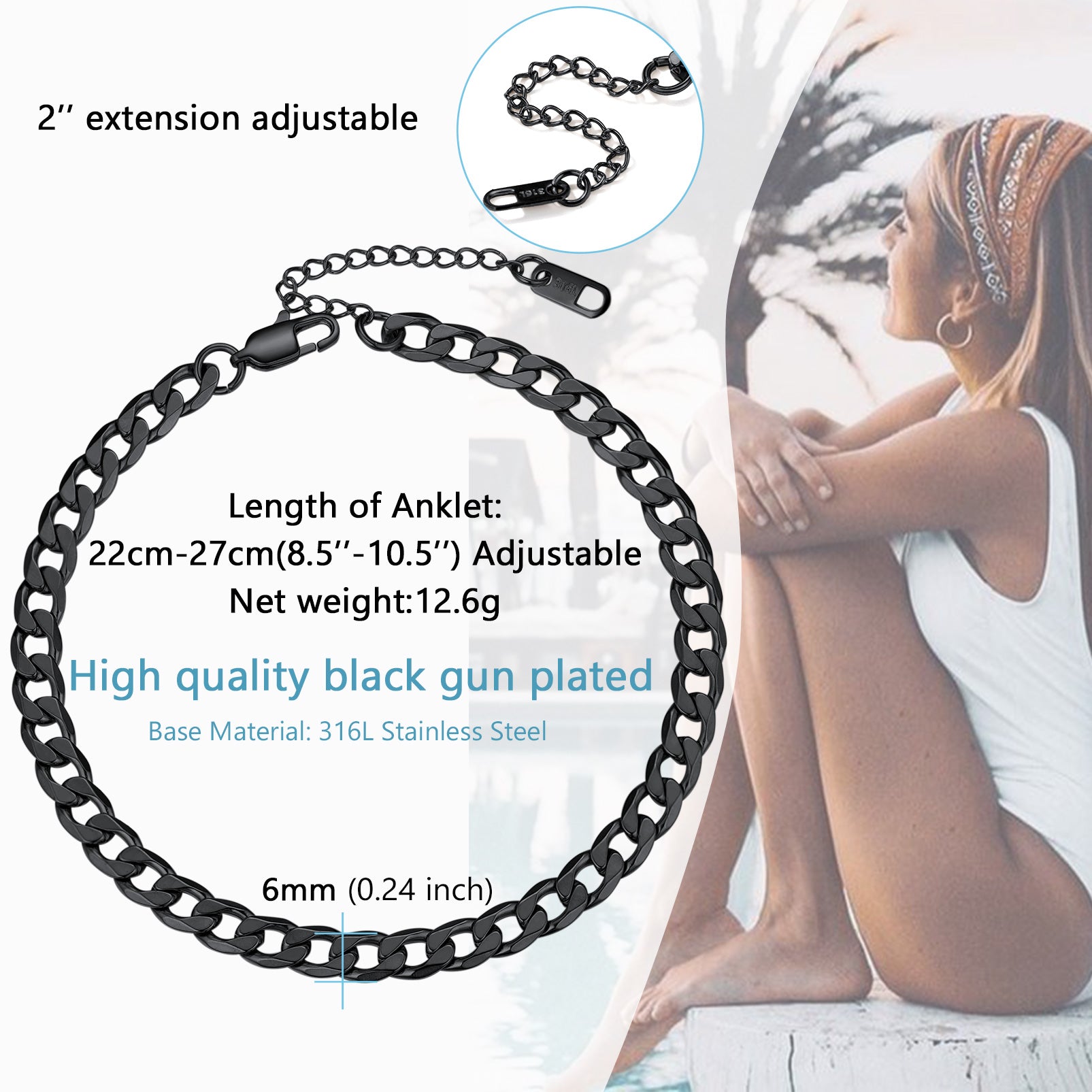 Cuban chain anklet sizing guide with measurements