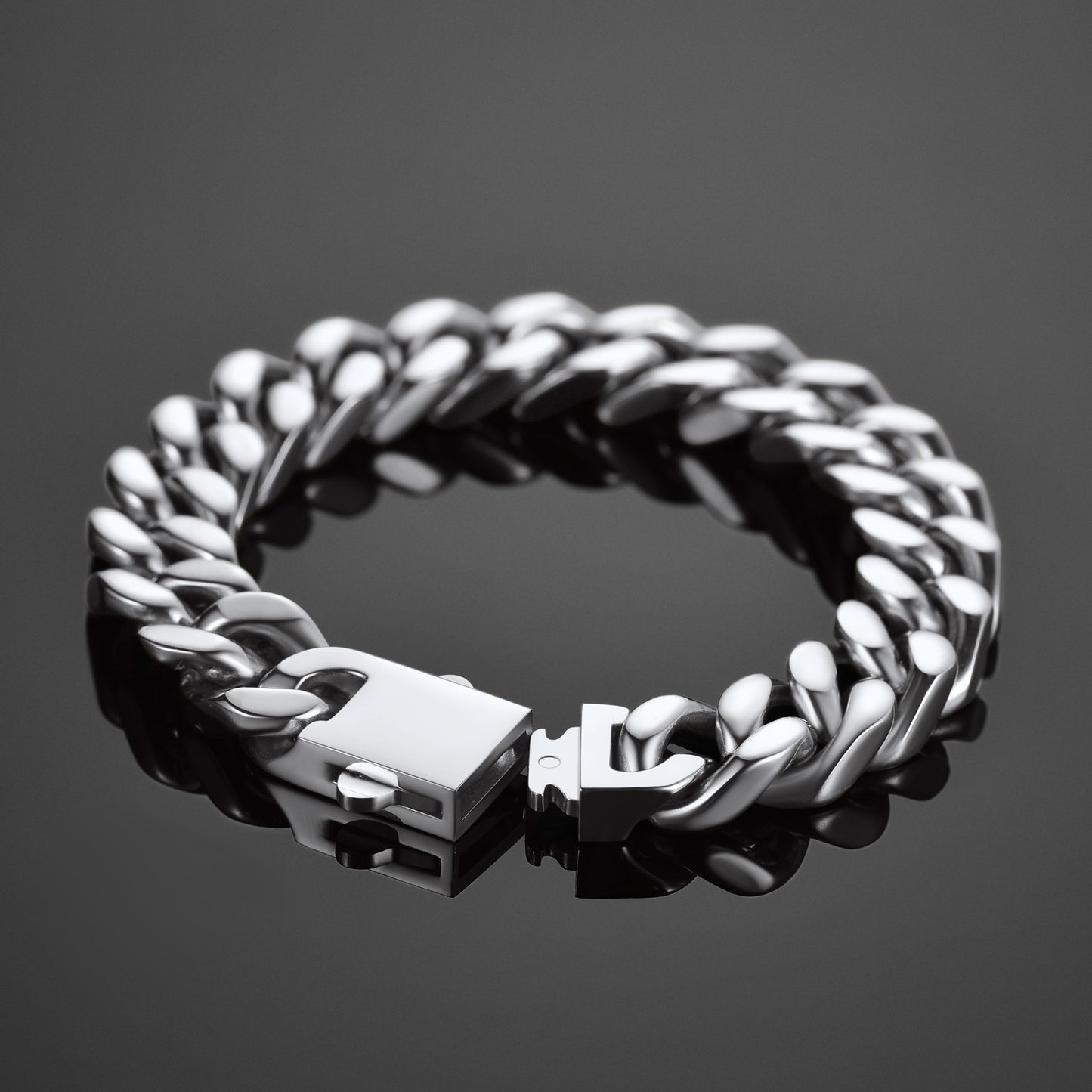 Men's stainless steel Cuban link bracelet, close up view