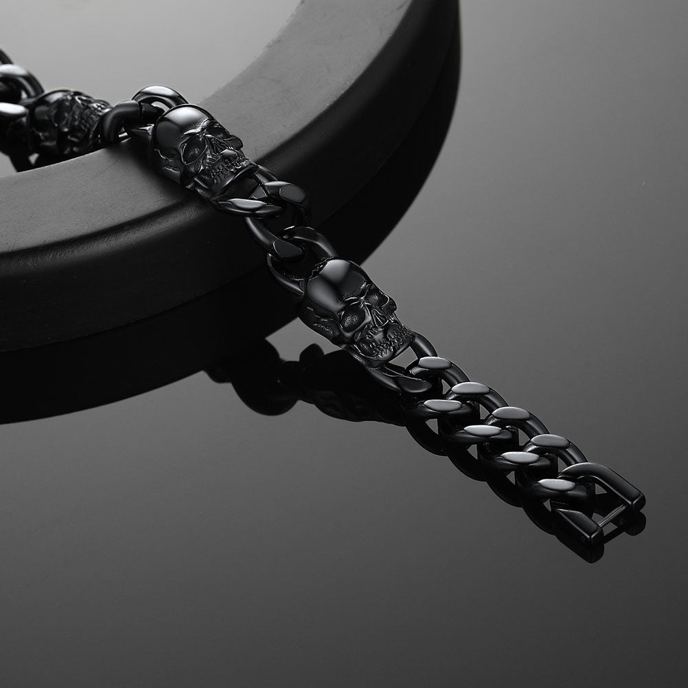 Close-up of Gothic skull detailing on chain bracelet