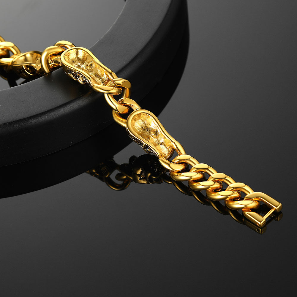 Gold skull bracelet with luxury streetwear vibe