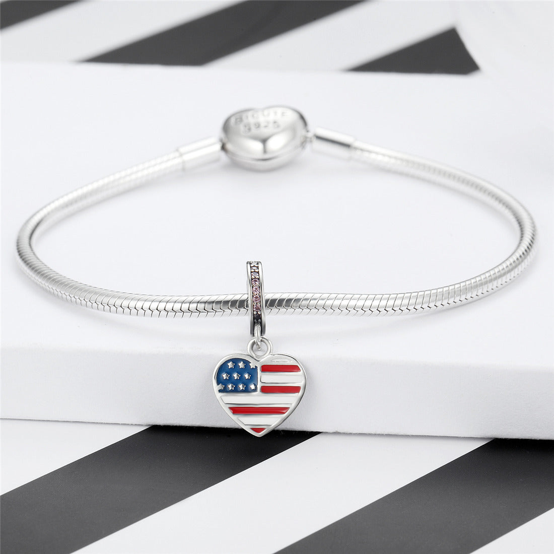Cubic Zirconia American Flag Charm Beads Fit Bracelet Necklaces