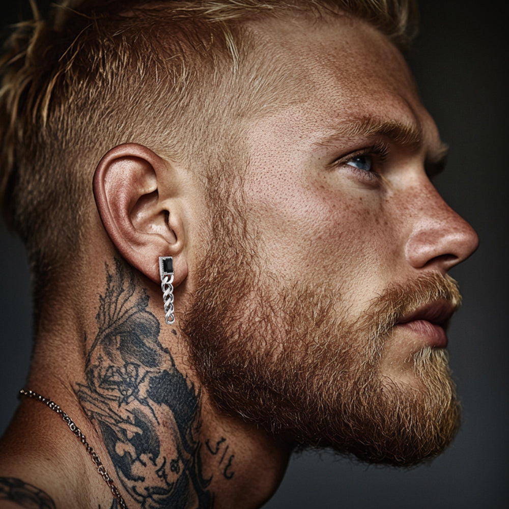 Black Cubic Zirconia Chain Drop Earrings with Gem for Men