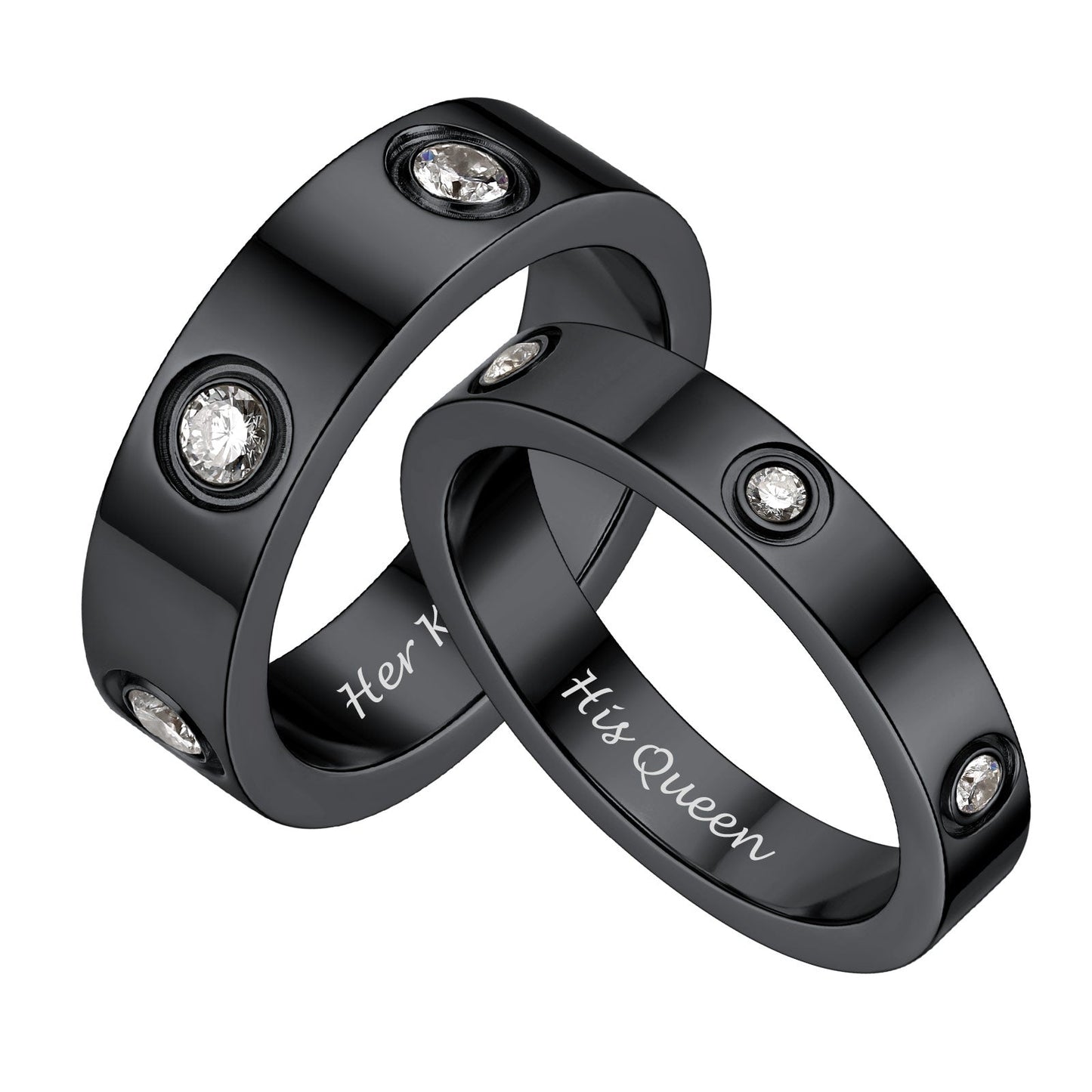 Black wedding bands with diamond accents and 'Her King' and 'His Queen' engraving on a white background