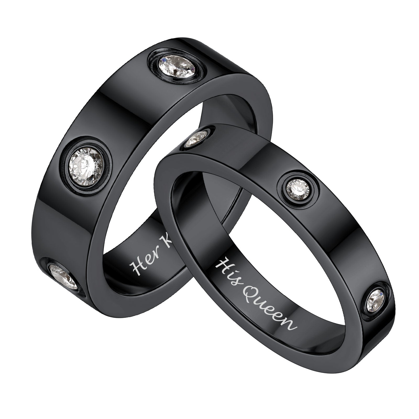 Black wedding bands with diamond accents and 'Her King' and 'His Queen' engraving on a white background