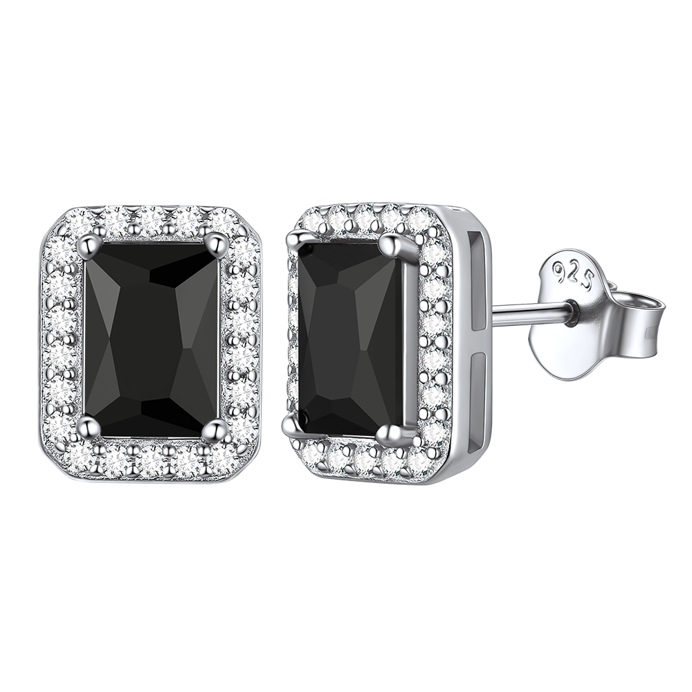 Sterling Silver Square Cut Halo Stud Earrings with Black Cubic Zirconia
