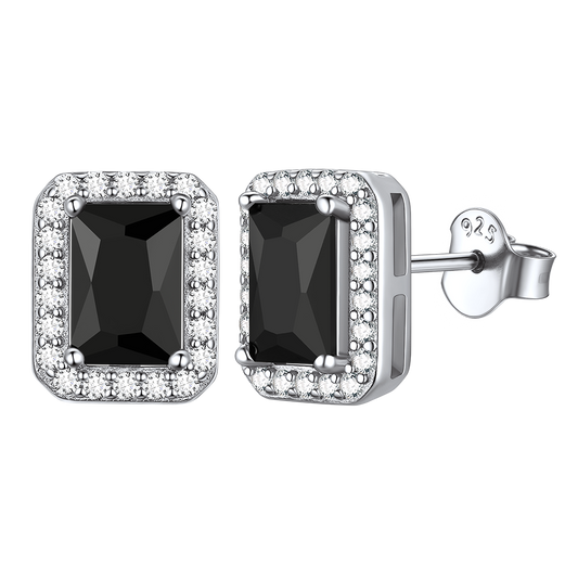 Sterling Silver Square Cut Halo Stud Earrings with Black Cubic Zirconiaimg