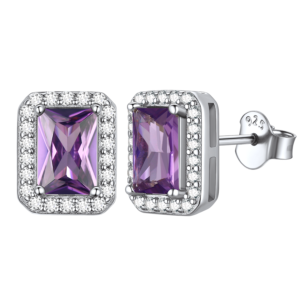 Purple Cubic Zirconia Halo Stud Earrings in Sterling Silver