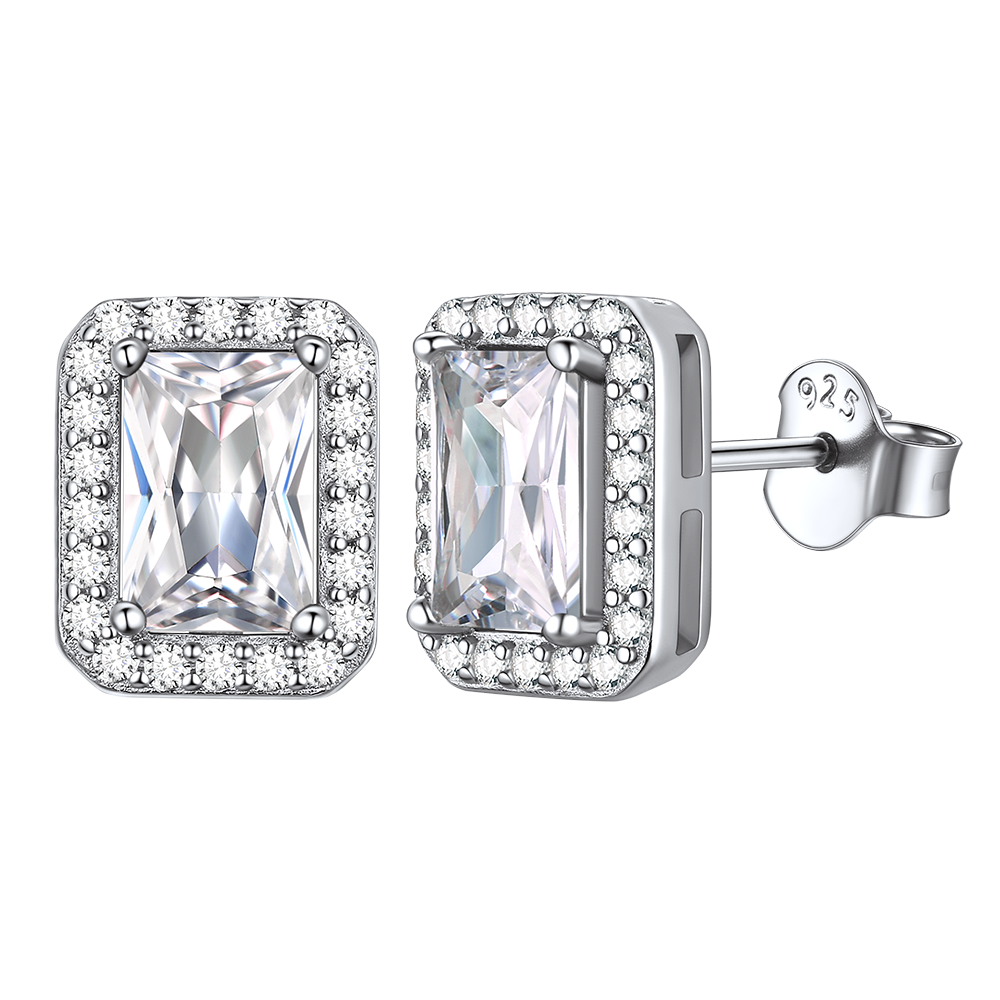 Silver halo stud earrings with rectangular cubic zirconia