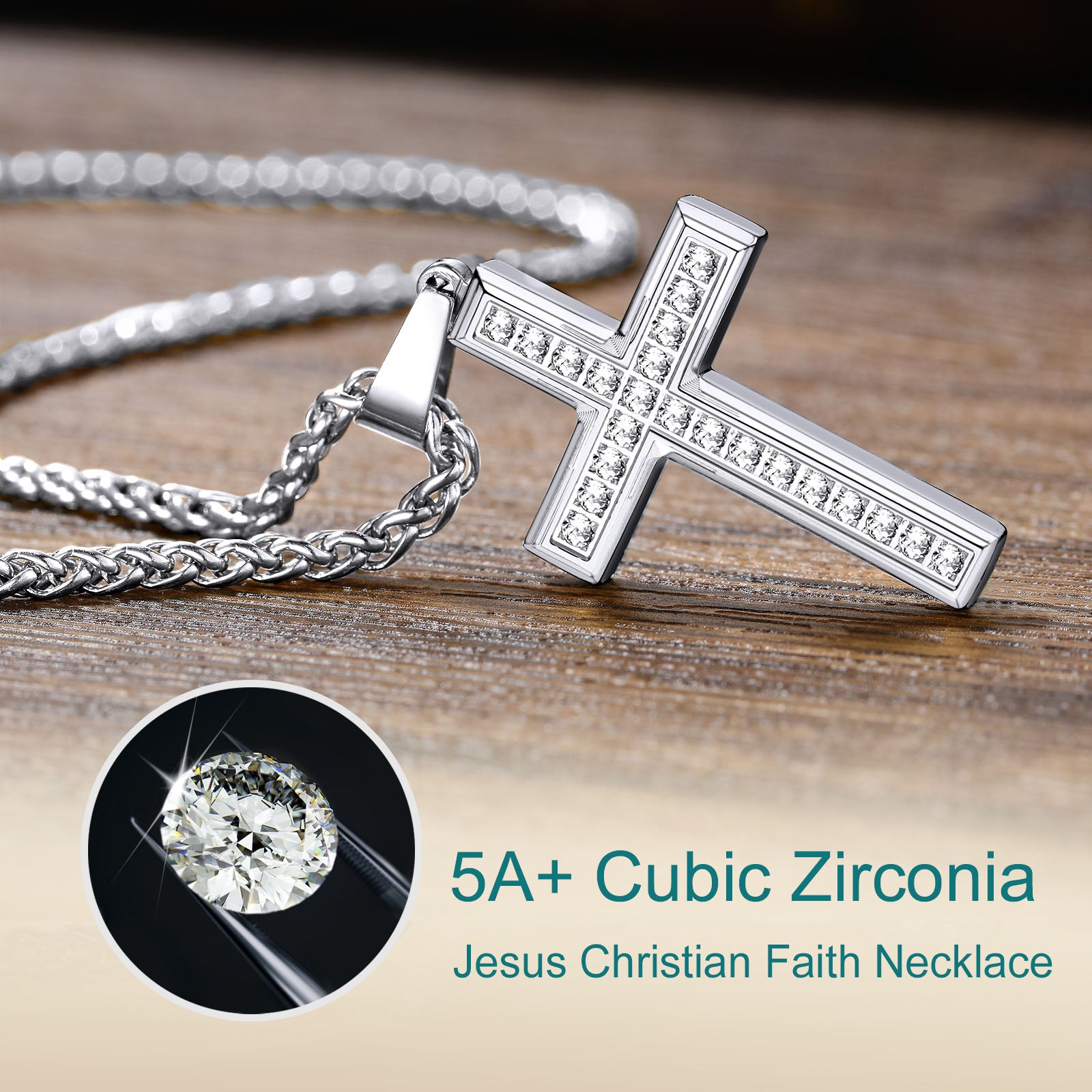 Silver Cubic Zirconia Diamond Cross Pendant Necklace for Men