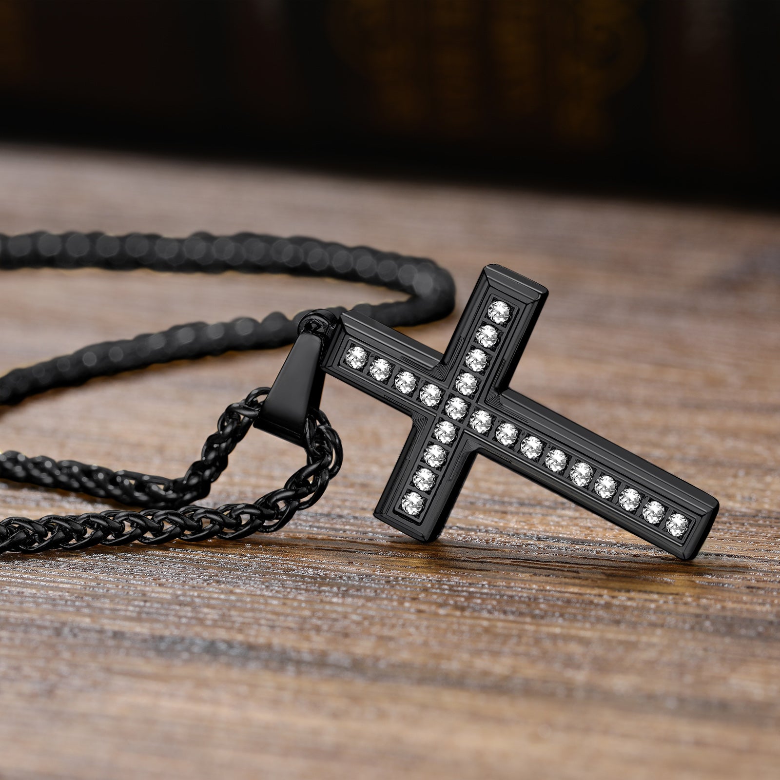 Black Cubic Zirconia Diamond Cross Pendant Necklace for Men