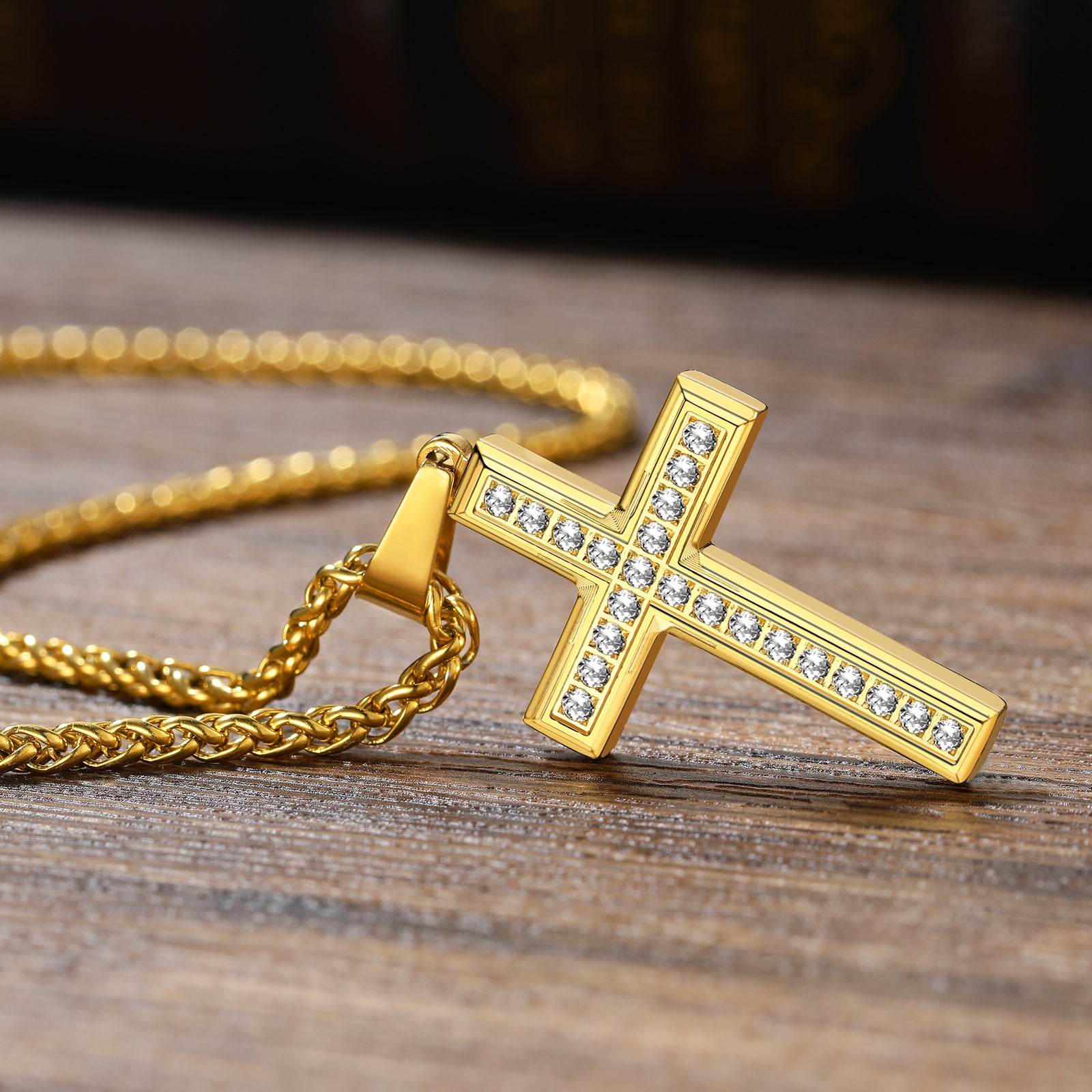 Gold Cubic Zirconia Diamond Cross Pendant Necklace for Men