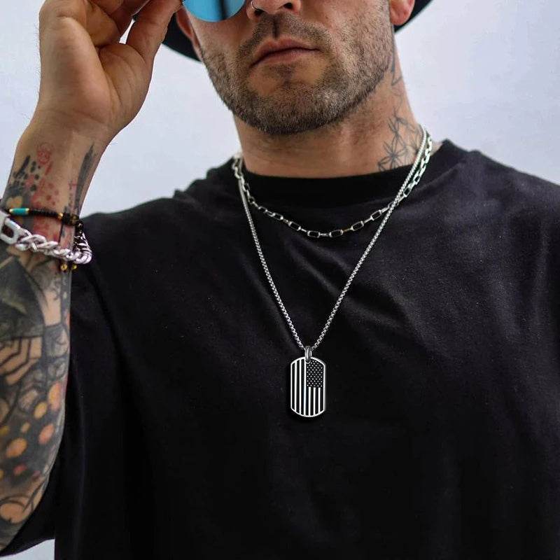 316L Stainless Steel Custom American Flag Dog Tag Necklace For Men