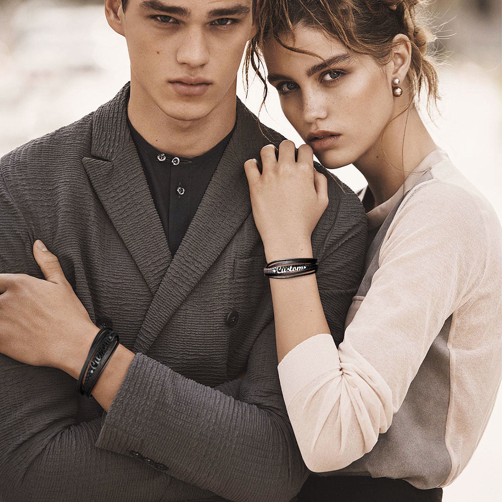 Custom Braided Leather Wristband Bracelet on couple