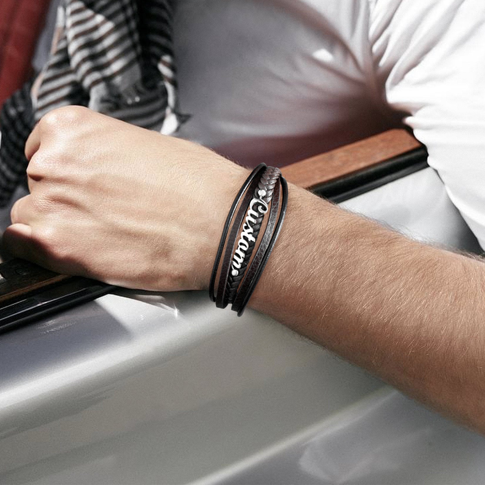 Custom Braided Leather Bracelet for Men, Personalized Gift