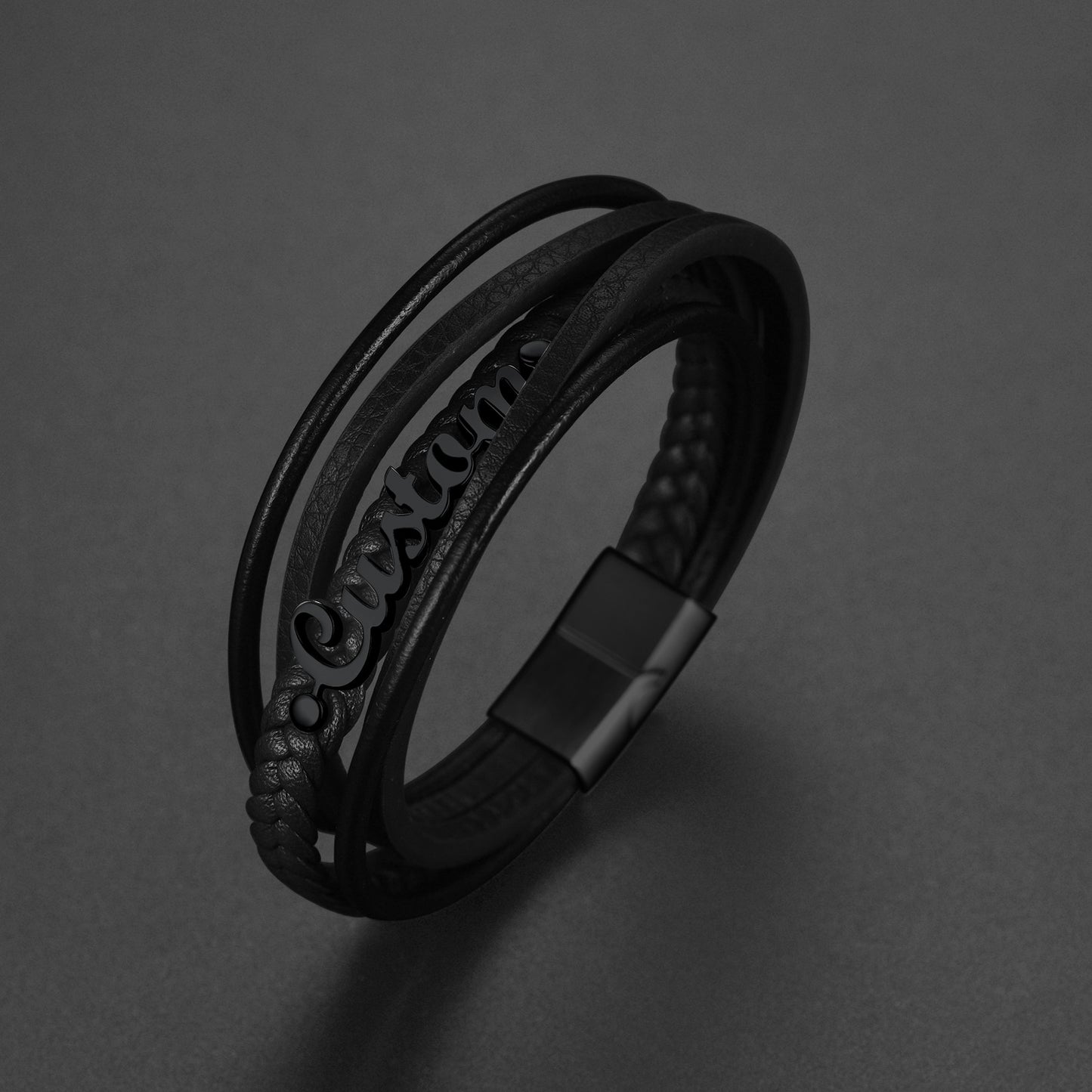 Custom Black Braided Leather Bracelet with clasp for men